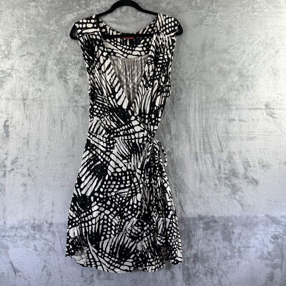 Elle Faux Wrap Dress Women's L Black White Abstract Animal Print